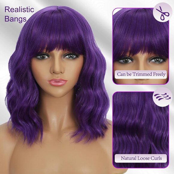 Women's Dark Purple 14 Inch Short Synthetic Heat Resistant Colorful Wavy Wig - Picture 2 of 7